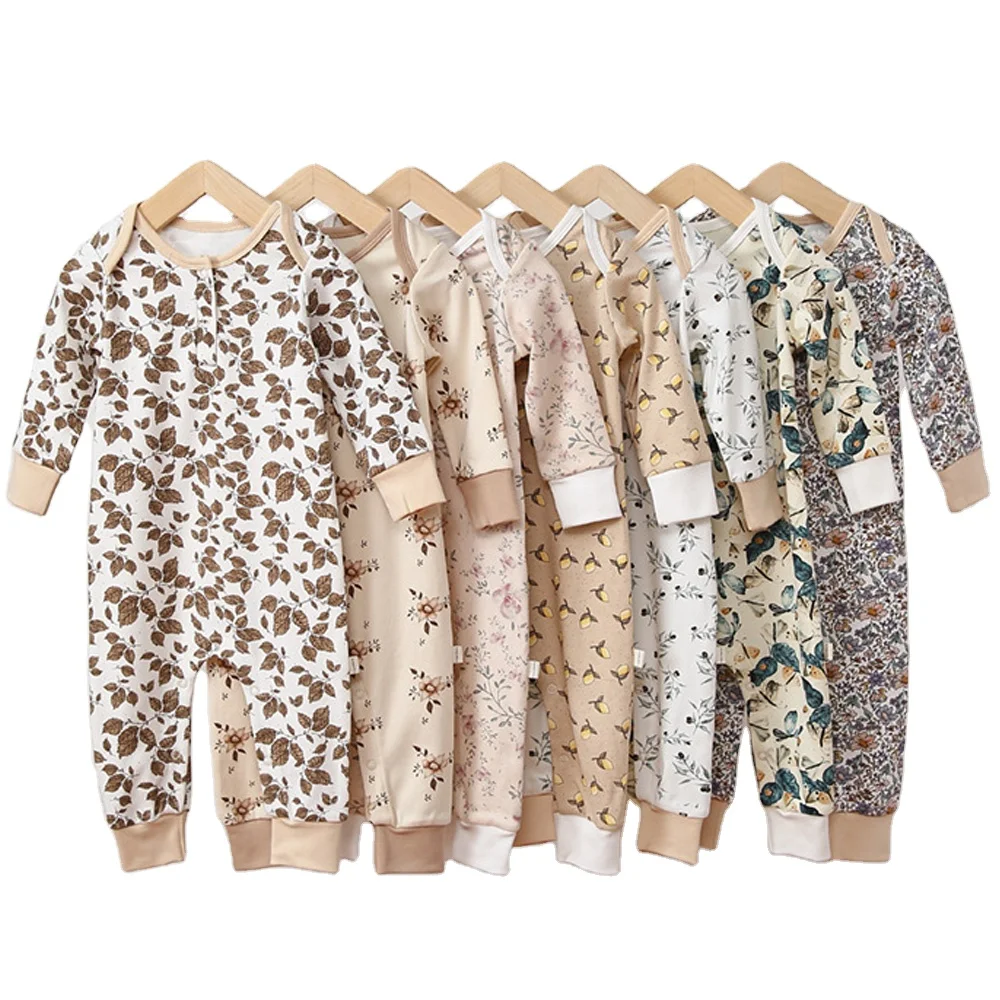 Ins Newborn Baby Girl Floral Print Long Sleeve Romper Sweet Cotton Lap Shoulder Spring Infant Jumpsuit