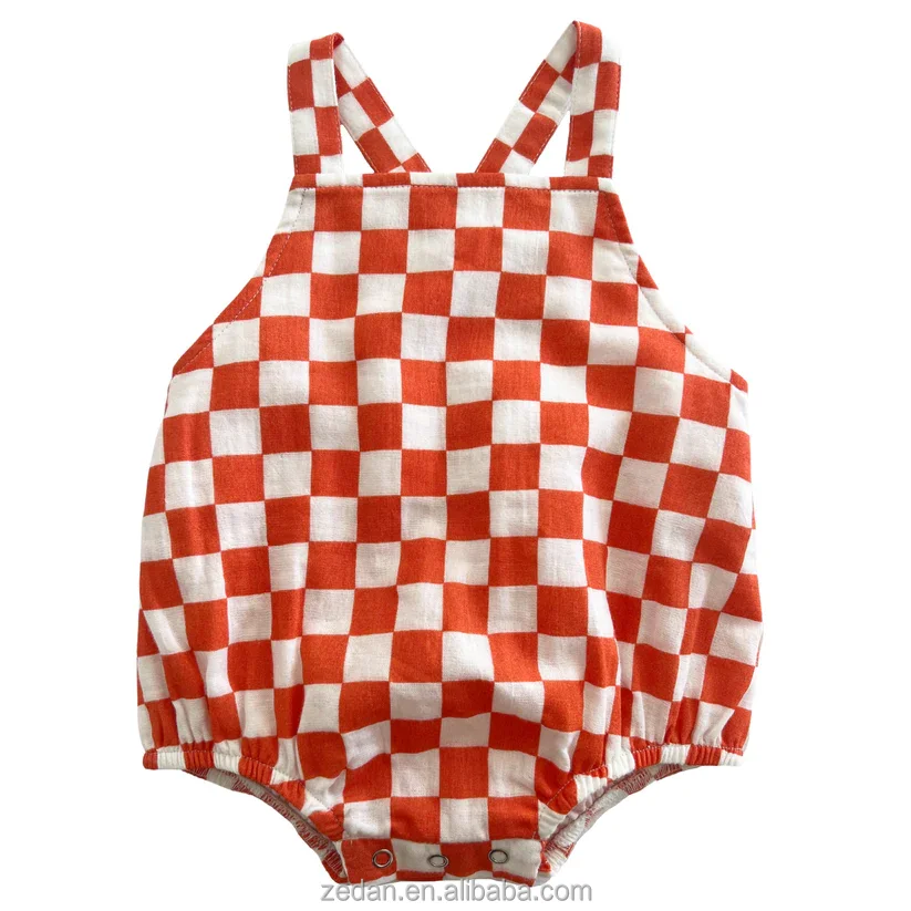 Top Sale Linen Cotton Neutral Baby Sleeveless Checker Button Baby Romper Custom for Summer - Image 2