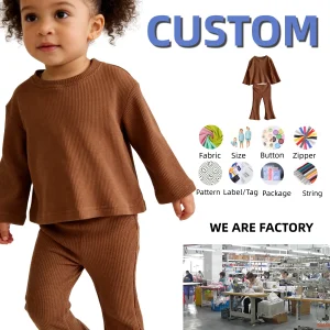 Custom Kids Clothes Set Toddler Girl Fall Outfit Baby Long Sleeve Top and Flared Pant 2-Piece Waffle Clothing Set