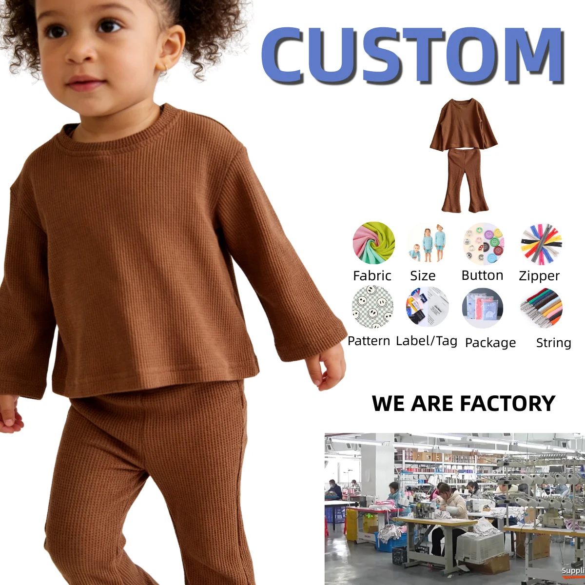 Custom Kids Clothes Set Toddler Girl Fall Outfit Baby Long Sleeve Top and Flared Pant 2-Piece Waffle Clothing Set