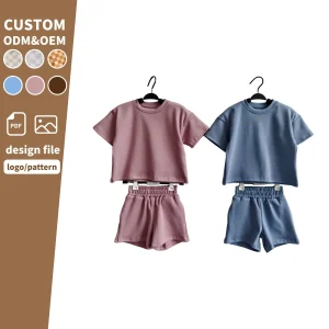 Best Selling 2-Piece Girls' Casual Kids Clothing Set Summer Short Sleeves and Shorts Solid Pattern Knitted Crew Neck Suit