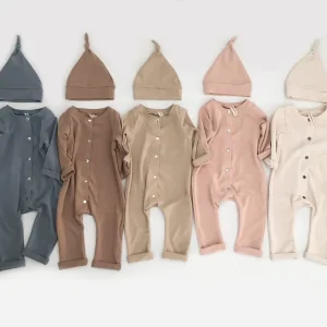 Hot Sell Costom Newborn Neutral Baby Cotton Long Sleeve Button up Baby Romper with Hat Jumpsuit