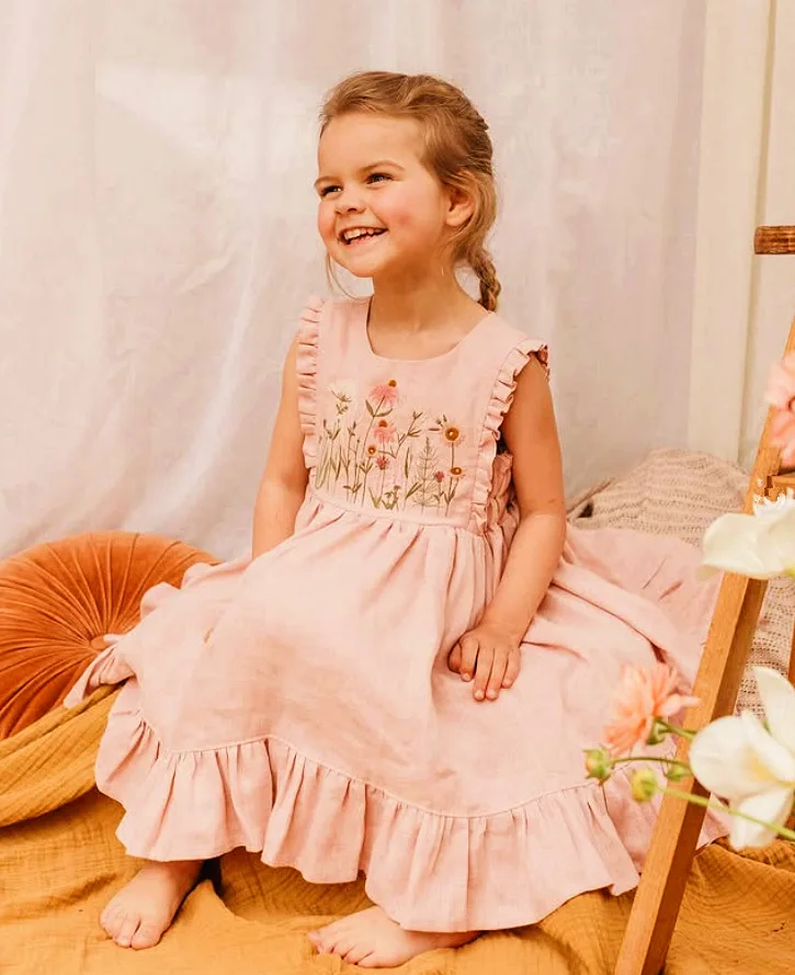 Girls Cotton and Linen Lotus Leaf Sleeveless Vest Dress Embroidered Princess Dress - Image 2