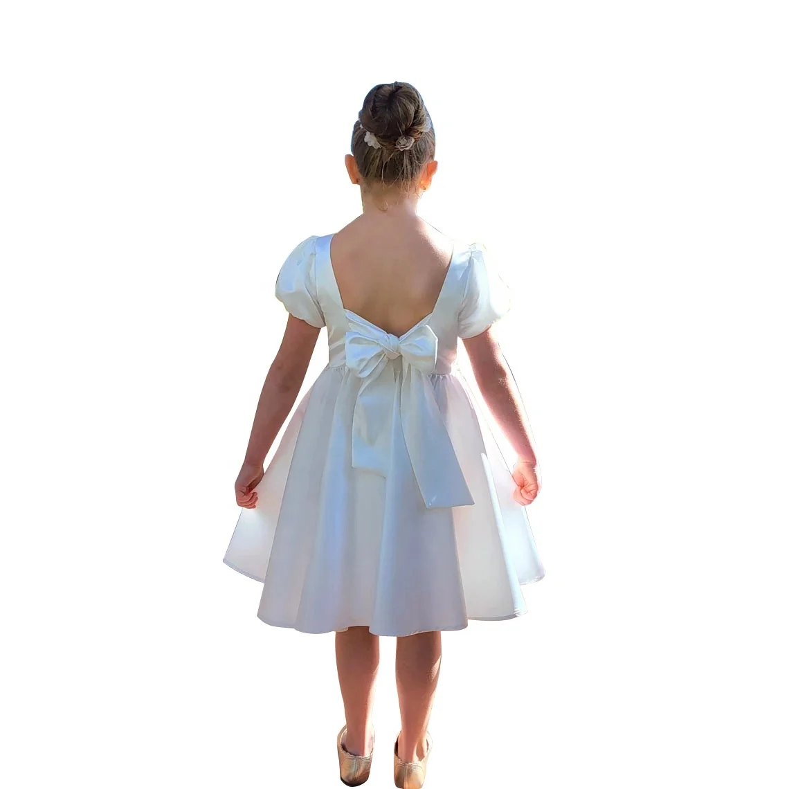 Custom Baby Little Girl First Birthday Party Dress White Puffy Sleeve Back Bow Elastic Satin Dress - Image 3