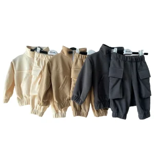 Wholesale Baby Clothes Sets Solid Pocket Top Matching Long Pant 2pcs French Terry Jogger Play  Outfit Sets with Pocket