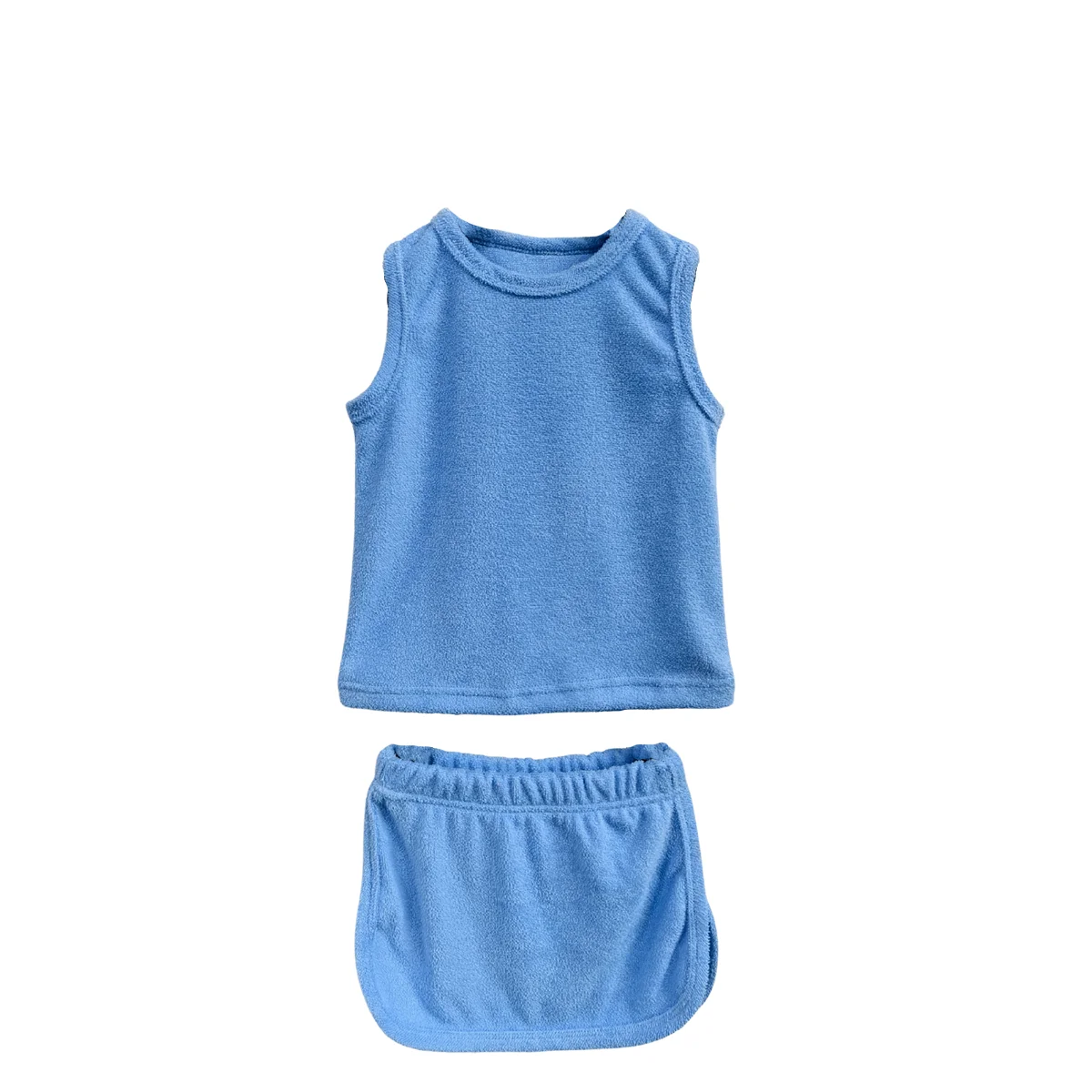 Solid Terry Cloth Cotton Sleeveless Tank Top and Shorts 2-Piece Set for Kids Boys Girls Casual Style for Summer Outdoor Play - Image 2