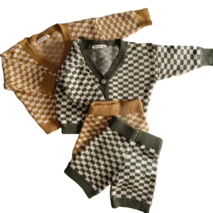 Factory Spring Kids Warm Plaid Buttons Sweater Set V-neck Long Sleeve Cardigan Shorts Knitwear Baby Suits