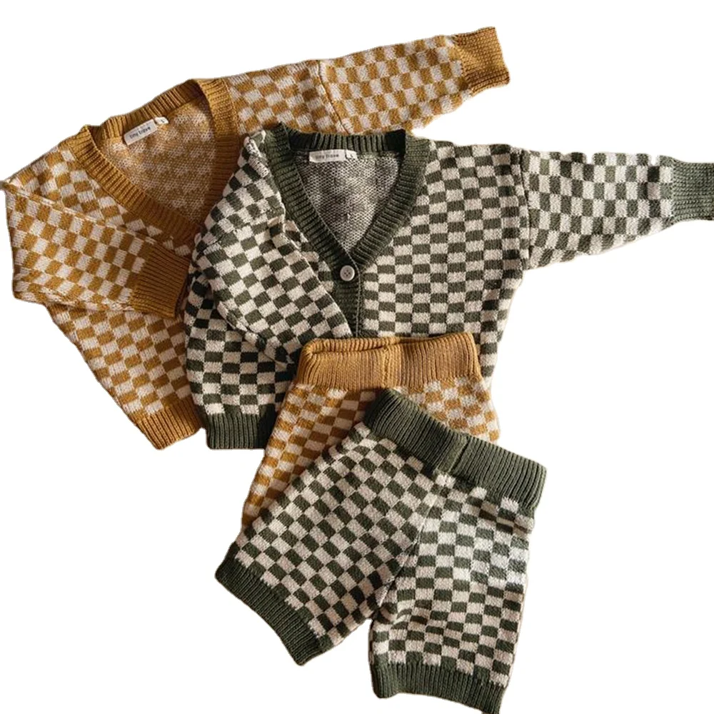 Factory Spring Kids Warm Plaid Buttons Sweater Set V-neck Long Sleeve Cardigan Shorts Knitwear Baby Suits