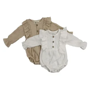 Boutique Muslin Infant Baby Solid Ruffled Design Button Long Sleeve Baby Rompers for Autumn