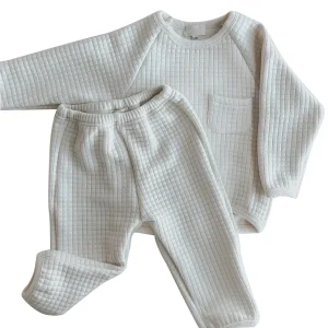 Custom Gingham Quilt Material Baby Clothes Set for Winter Kids 2 Piece Long Sleeve Loungewearr Suit