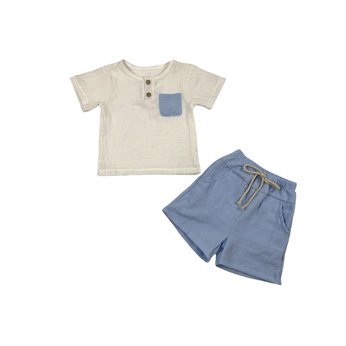 Custom crepe solid color kids summer short-sleeved suit button short-sleeved T-shirt shorts two-piece suit - Image 2