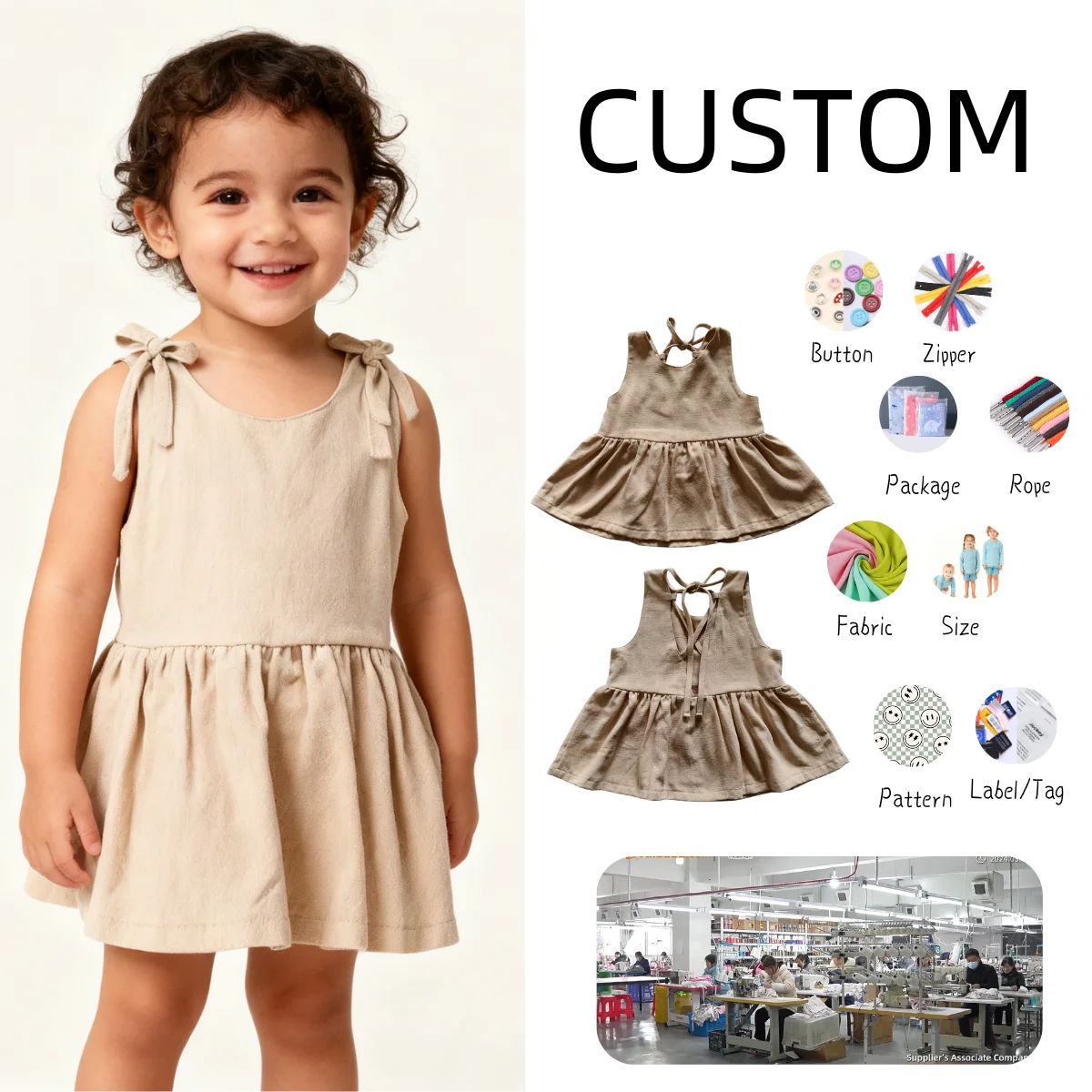 Hot Sale Elegant Girls' Custom Solid Pattern Sleeveless Top Fashionable Cotton/Linen Baby Dresses
