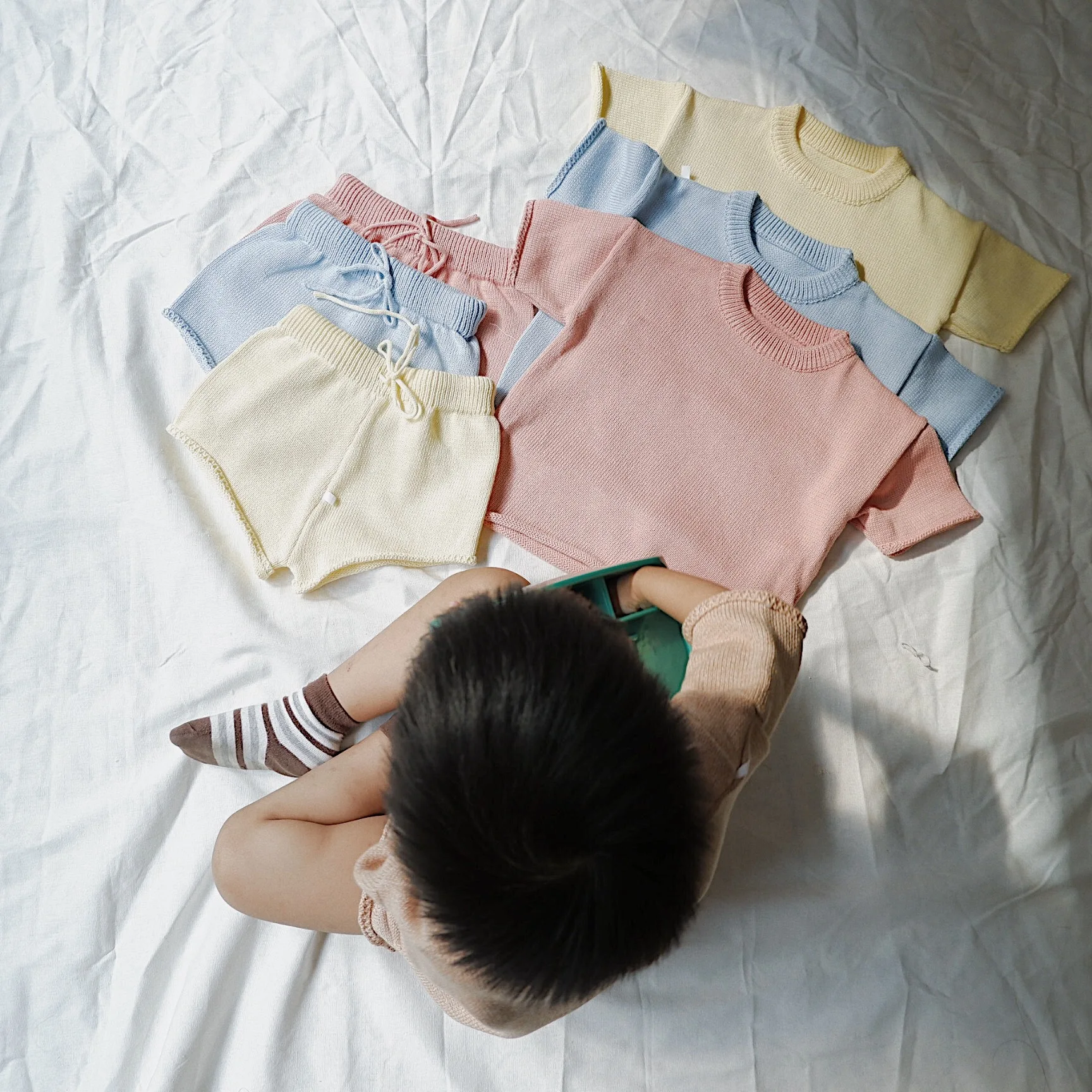 Cotton Knit Two Piece Set Custom Short Sleeve Sweater and Shorts Set Colorful Summer Roll Hem Shorts - Image 2