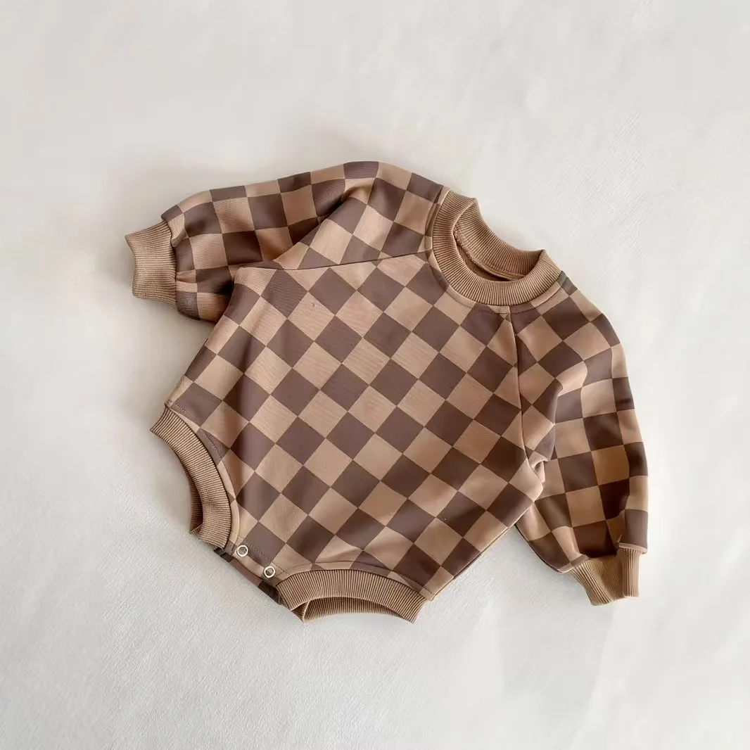 Custom Baby Unisex Long Sleeve Oversized Crewneck Sweatshirt Romper Boys Girls French Terry Checkerboard Bubble Romper - Image 5