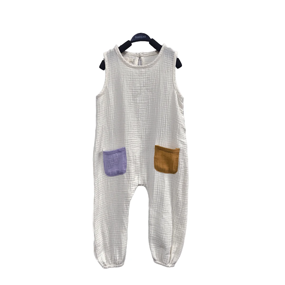 Toddler Girls Boys Summer Sleeveless Color Block Bodysuit Unisex Baby Muslin Jumpsuit with Button Muslin Romper