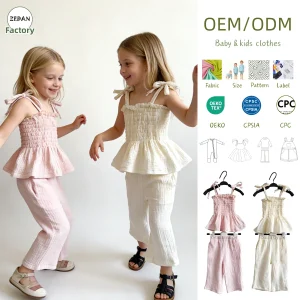 Summer Girl's Outfit Organic Crinkle Gauze Girls Set Tie Shoulder Smocked Peplum Top & Wide Leg Pants Summer Outfit 0-8T