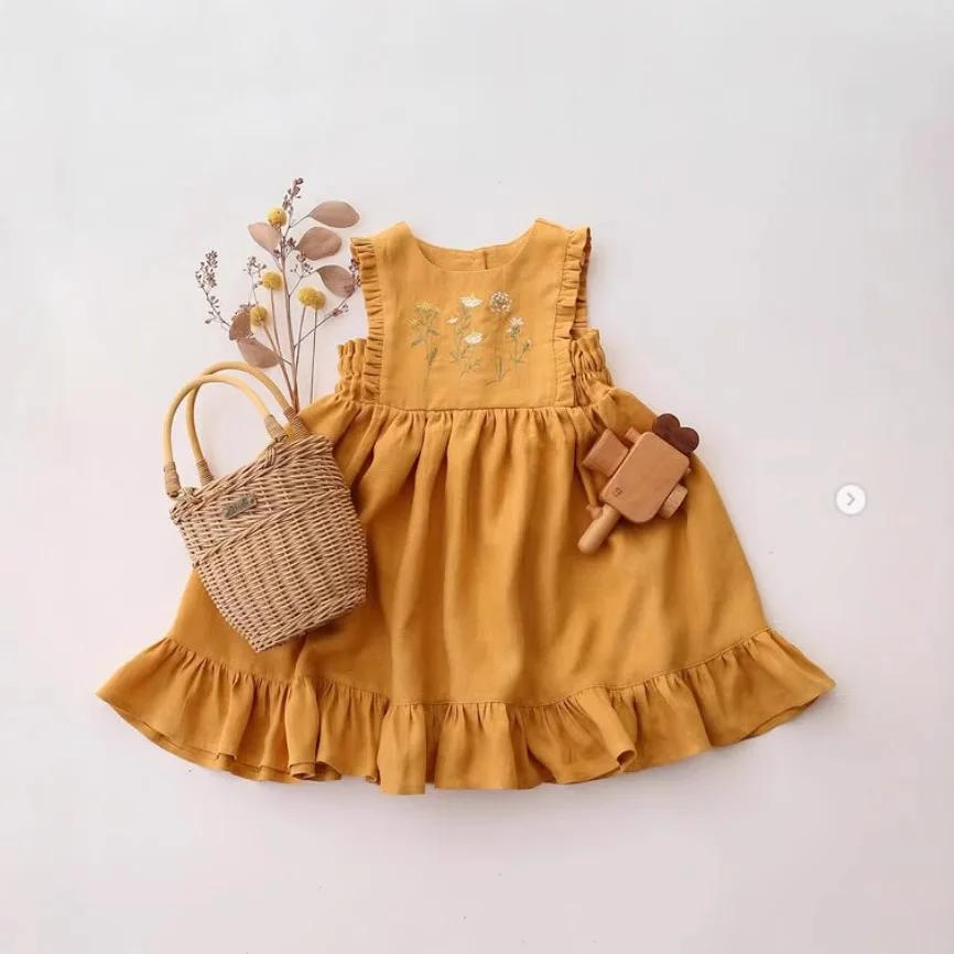 Girls Cotton and Linen Lotus Leaf Sleeveless Vest Dress Embroidered Princess Dress - Image 6