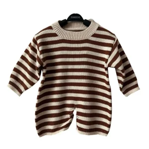 Wholesale Neutral Knitted Cotton Snap Button Long Sleeve Unisex Brown Big Stripe Baby Sweater Romper for Spring
