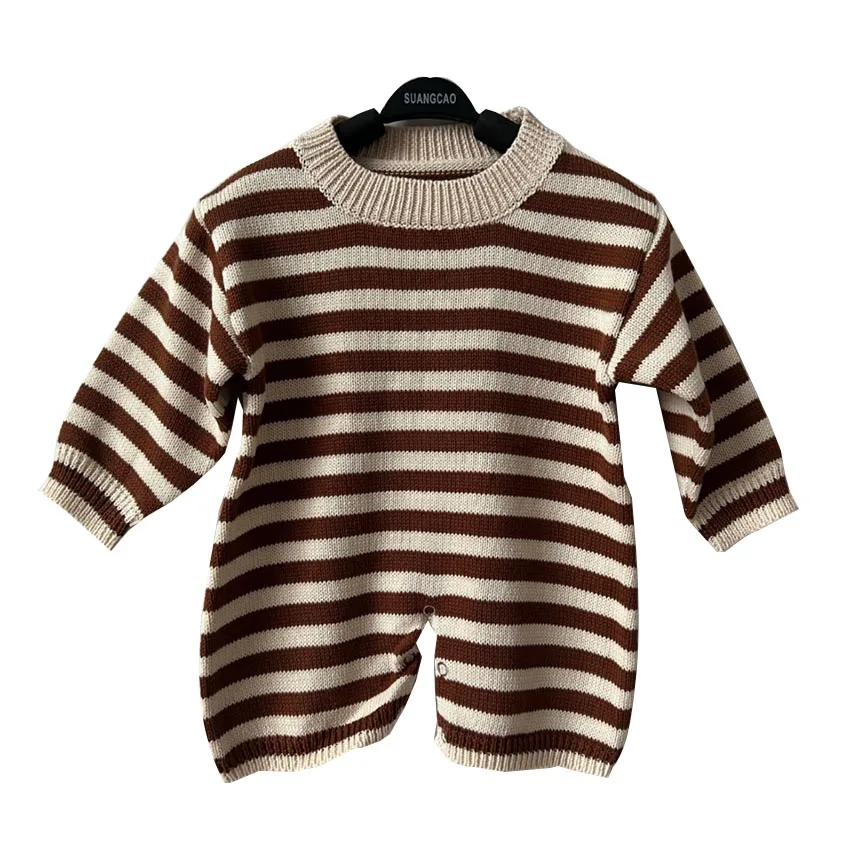 Wholesale Neutral Knitted Cotton Snap Button Long Sleeve Unisex Brown Big Stripe Baby Sweater Romper for Spring
