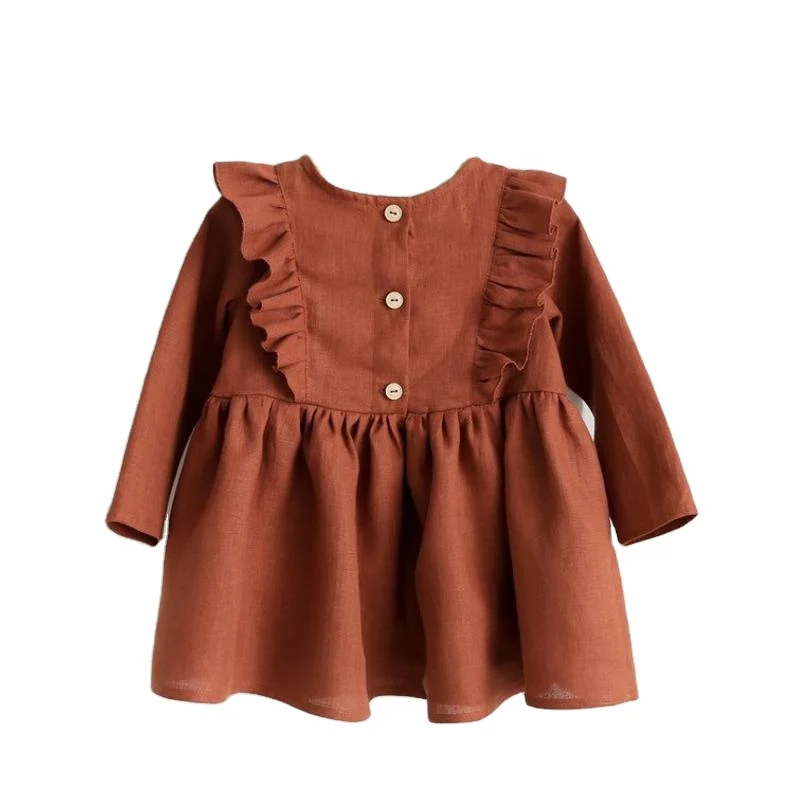 Australian Style Fashion Linen Baby Dress Girls Clothing with Flutter Long Sleeve for Autumn Solid Pattern Mixed Type Children