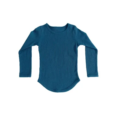 Custom Baby Toddler Elastic Ribbed Cotton Long Sleeve Unisex Casual Curved Hem T-shirts - Image 3