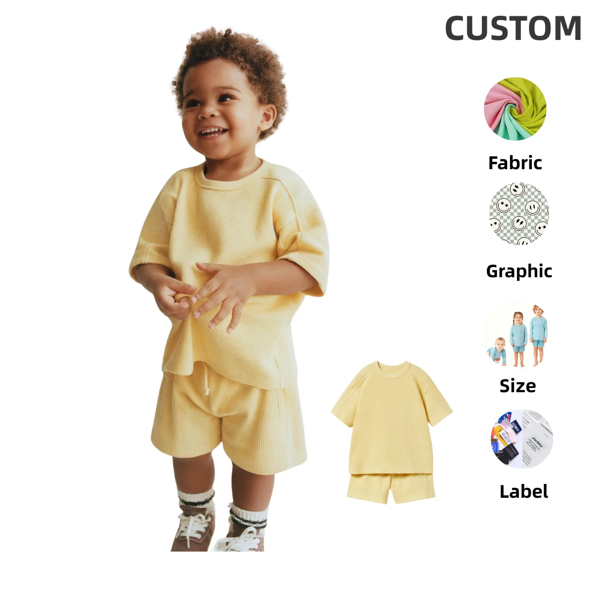 Custom Waffle Summer Baby Toddler Kids Short Clothes Suit Clothing Set