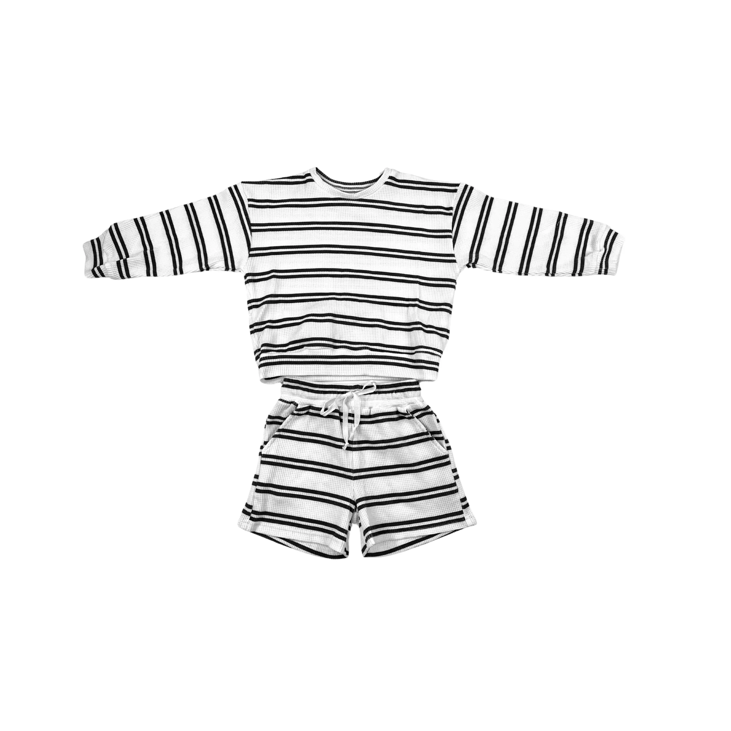 Spring Autumn Infant Toddler Unisex Boys Girls Waffle Stripe Oversized Crewneck Sweatshirt and Shorts 2pcs Set