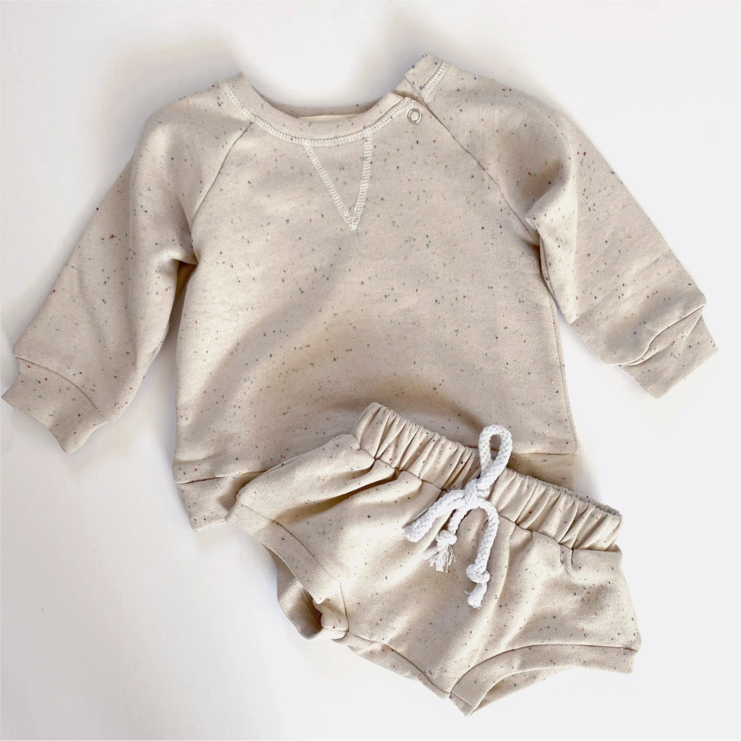 Speckled Terry Toddler Spring Long Sleeve Crewneck Jumper Shirt Drawstring Shorts Casual Suits