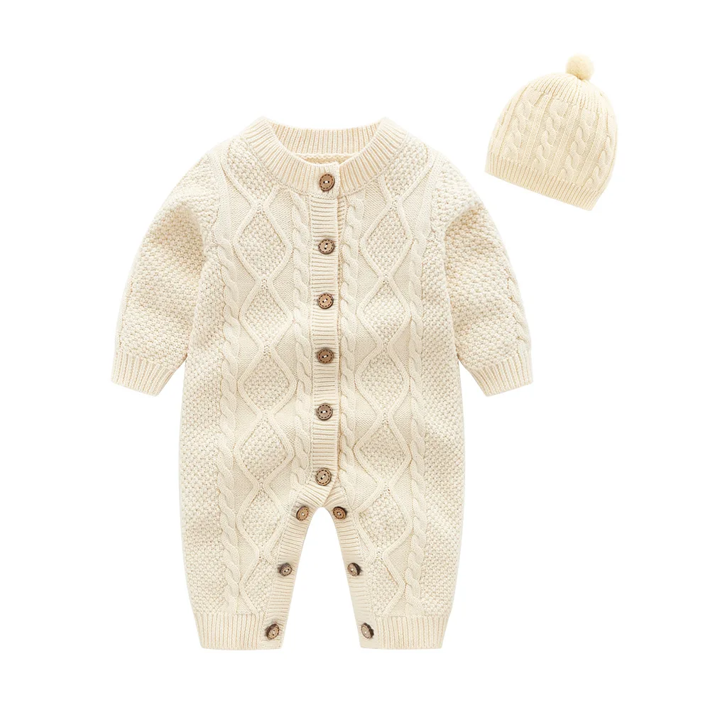 Hot Sale Wholesale Baby Onesie Solid Color Front Snap Knit Onesie Hairball Hats Cotton Thread Baby Romper - Image 2