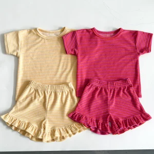 Girls Terry Cloth Striped Set Short Sleeve Ruffle Hem Spring Summer Kids Outdoor Set