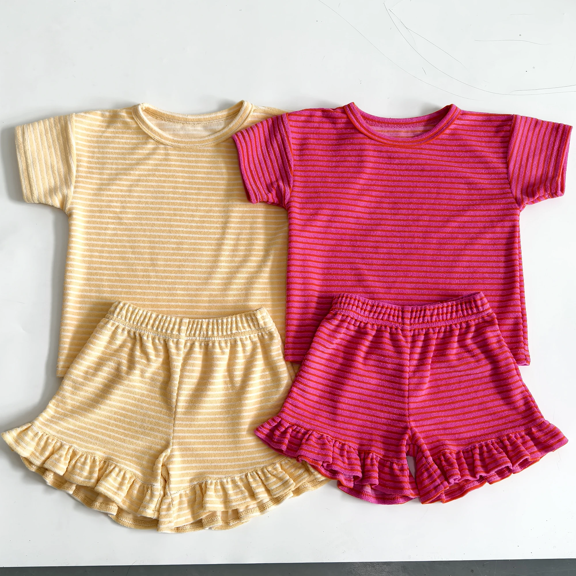 Girls Terry Cloth Striped Set Short Sleeve Ruffle Hem Spring Summer Kids Outdoor Set