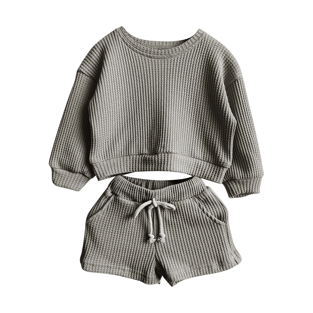 New Arrival Waffle Cotton Solid Color Long Sleeve Shorts Fallow Baby Clothing Sets for Autumn - Image 2