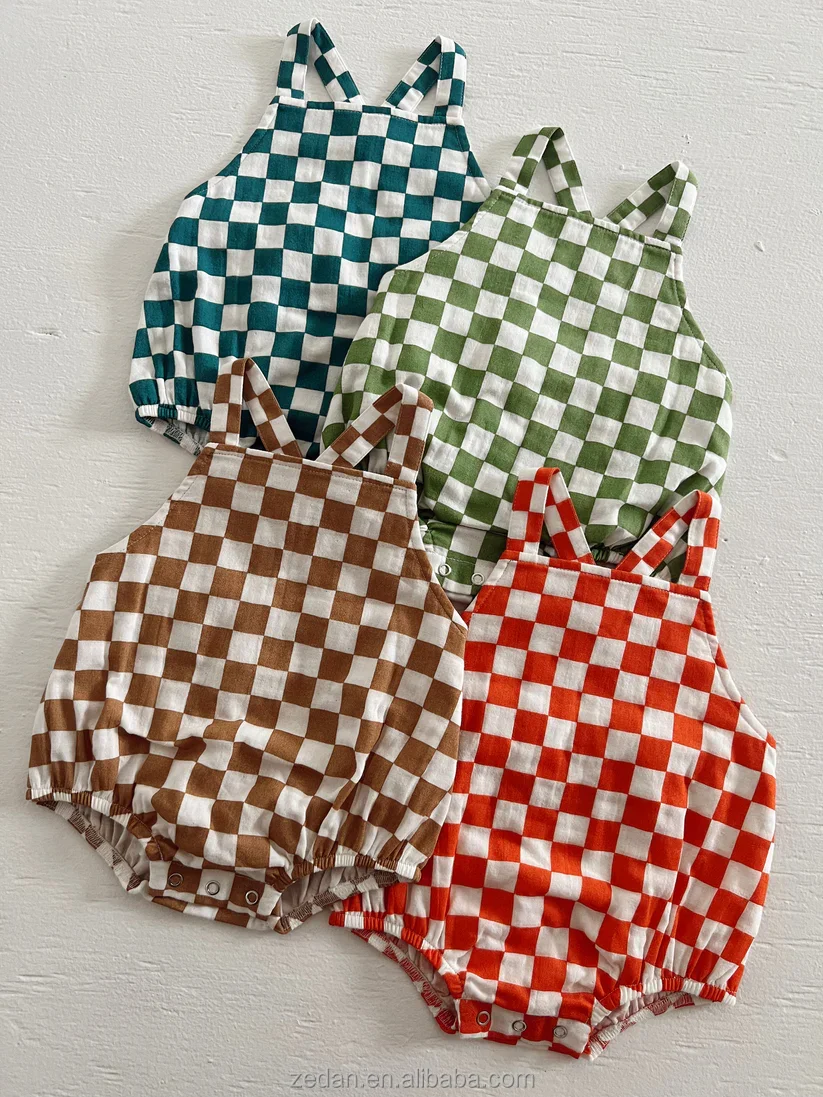 Top Sale Linen Cotton Neutral Baby Sleeveless Checker Button Baby Romper Custom for Summer - Image 5