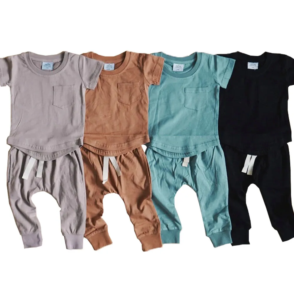 Casual Infant Baby Unisex Cotton Clothing Set Short Sleeve Hem Bottom Tshirt and Pockets Pants Kids Outfits