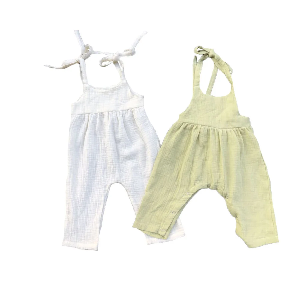 Hot Sale Muslin Baby Girls Bubble Rompers Summer Sleeveless Solid Color Cute Baby Rompers