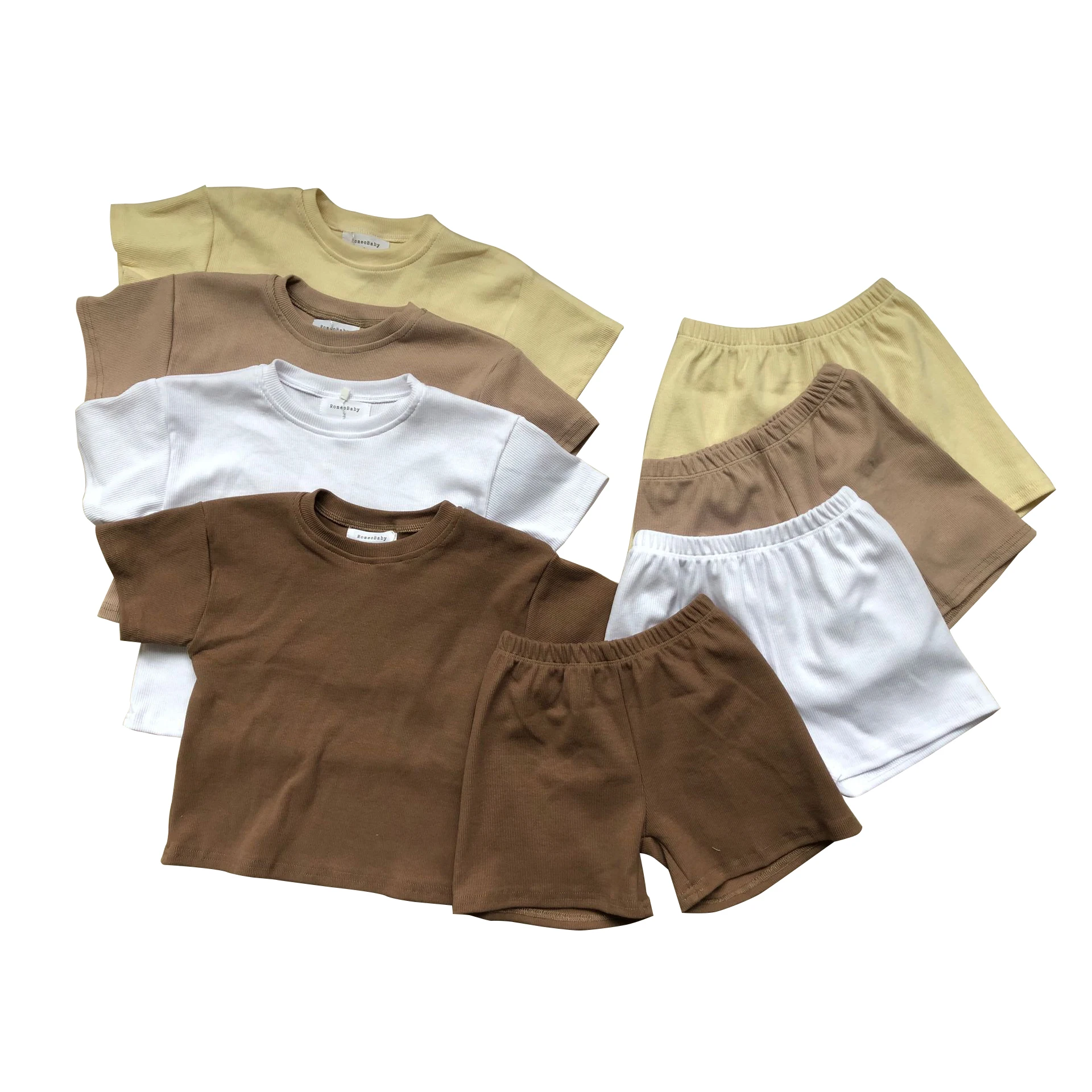 Popular Unisex Baby Clothing Sets Casual Short Sleeve Summer Ribbed Cotton Solid Loose Soft Lounge Set - Image 3