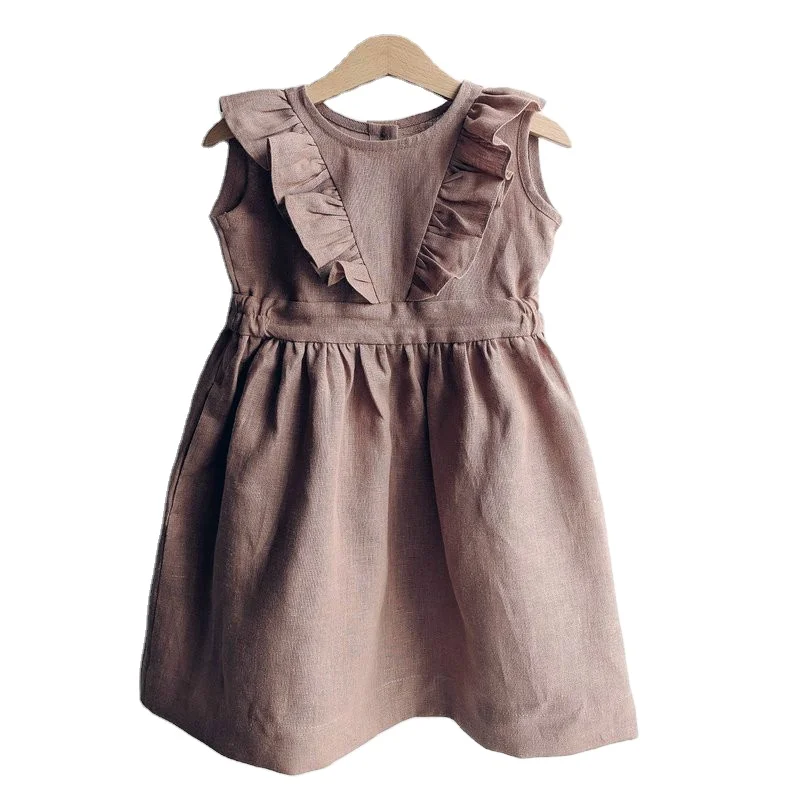 2021Boutique Baby Girl Skirt Flutter Sleeveless 100% Cotton Linen Dress Fashion Pleated Princess Dress with Back Button