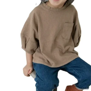 Autumn New Solid Color Lantern Sleeve Children's Tops Boys and Girls Loose Pocket Sweater T-shirt