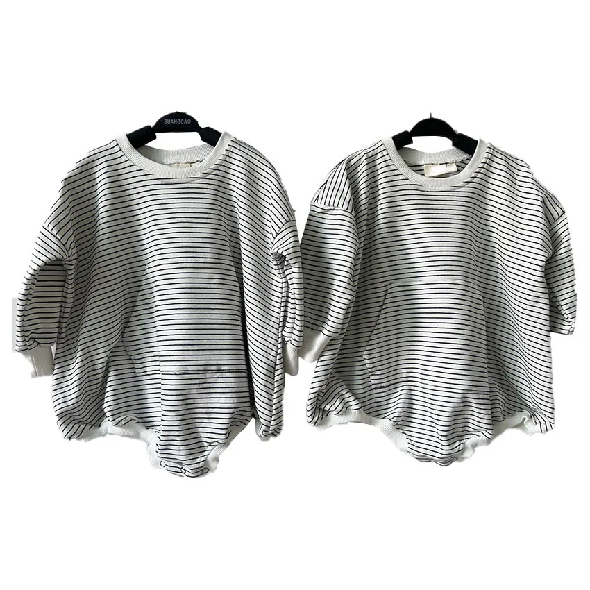 New Design French Terry Long Sleeve Striped Baby Bubble Rompers with Pocket for Autumn