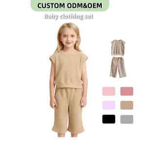 Baby Clothing Set Baby Girls and Boys Casual Two-Piece Solid Color Soft Summer Waffle Sleeveless T-Shirt Pants