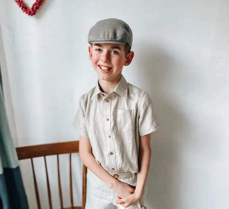 Custom Baby Boys Tee Shirt Linen Cotton Solid Color Short Sleeves Button up T-shirt for Boys Infant Clothes - Image 5