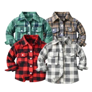 RTS Kids Checked Shirt Casual Autumn Pullover Warm Button Coat Unisex Long Sleeve Plaid Pocket