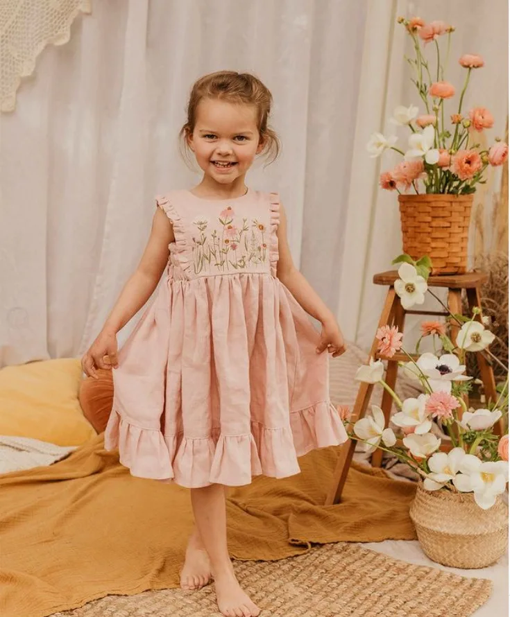 Girls Cotton and Linen Lotus Leaf Sleeveless Vest Dress Embroidered Princess Dress - Image 3