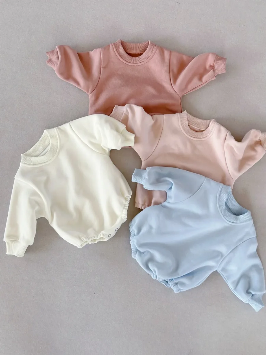 0-2T Ready to Ship Autumn/Winter Baby Fleece Solid Color Romper Warm Soft One-Piece - Image 3