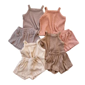 Unisex Baby Clothes Sets Solid Color Soft Waffle Toddler Kids Shorts  Sleeve Shirt Matching Drawing Shorts  Children Outfit Set