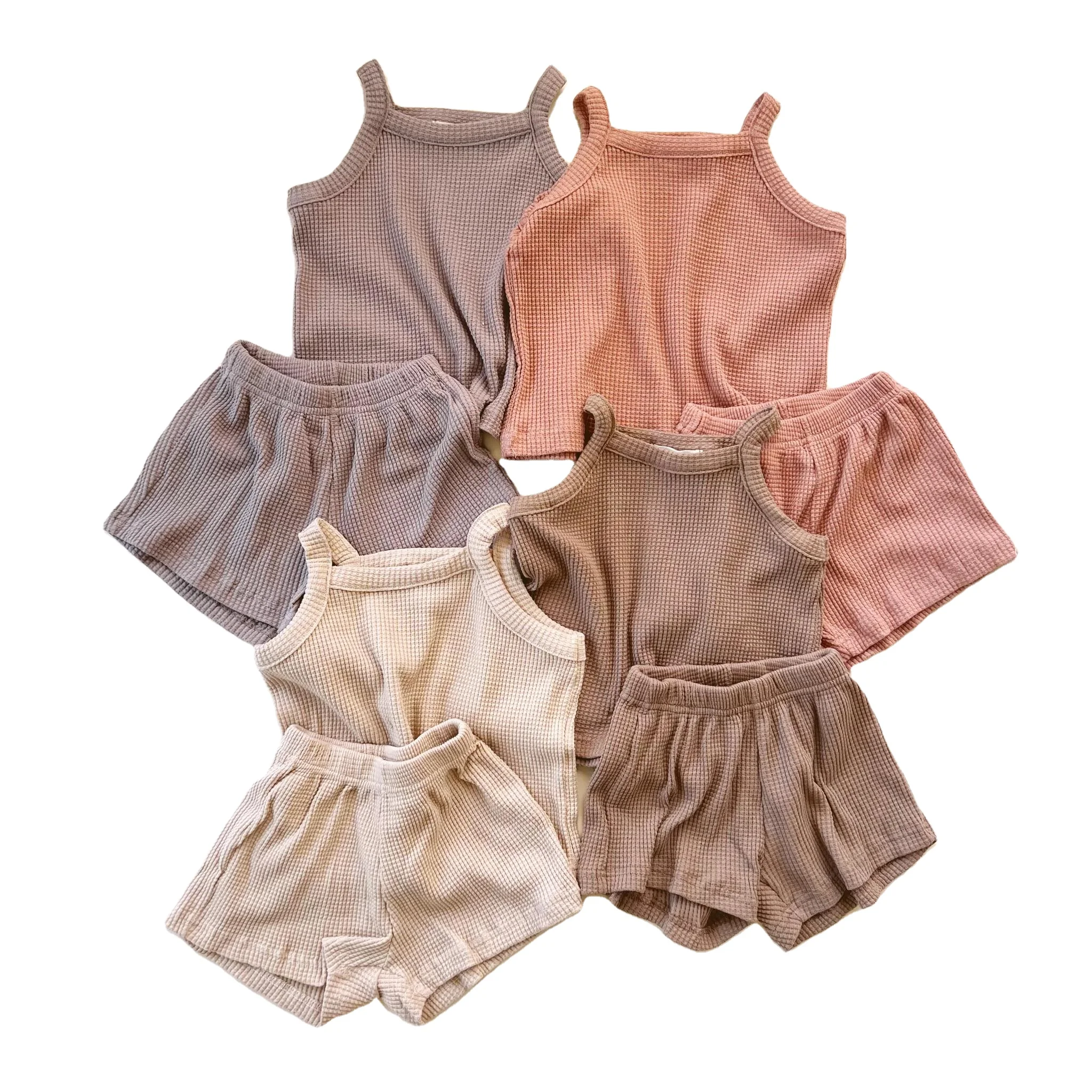 Unisex Baby Clothes Sets Solid Color Soft Waffle Toddler Kids Shorts Sleeve Shirt Matching Drawing Shorts Children Outfit Set