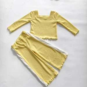 Adorable Baby Kids square Neck Color Block Ribbed Cotton  Set Winter Long Sleeve Kids Outdoor Set