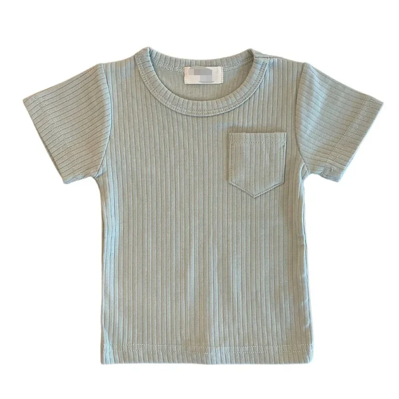 Hot Sale Ribbed Cotton Solid Color Short Sleeve Baby Tshirts with Pocket and Label for Summer - Image 2