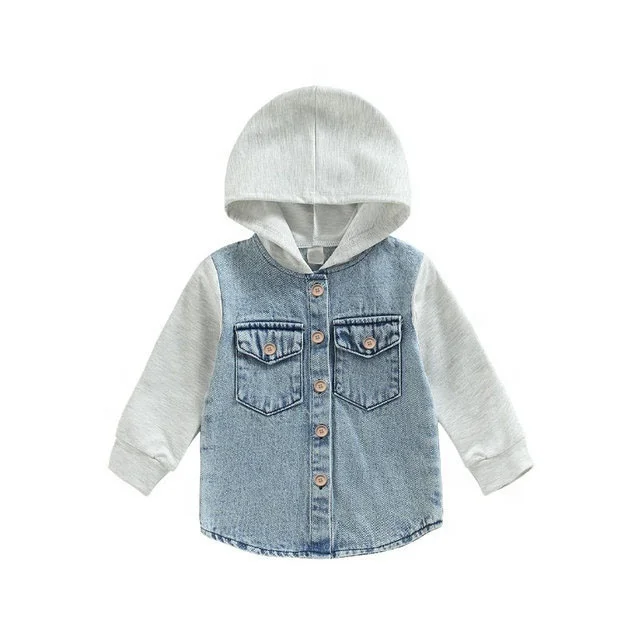Custom Fall Button Baby Kids Washed Denim Coat Block Cotton Hood Jacket - Image 4