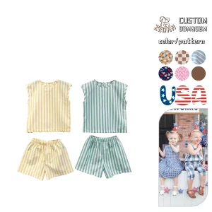 Summer Custom Newborn Baby Girls Clothing Dyed Fabric Striped Sleeveless Tops and High Waist Shorts Two-Piece Set